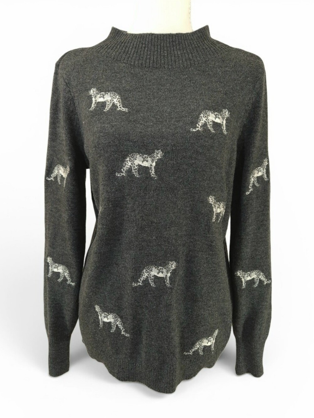 Chico’s Cheetah Embroidered Gray Sweater Cashmere Wool Blend – Size 0 (Small/4)